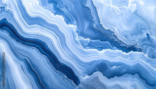 Abstract blue and white marbled texture resembling natural stone or agate, flowing wavy lines with subtle glittering details, perfect for backgrounds or digital art