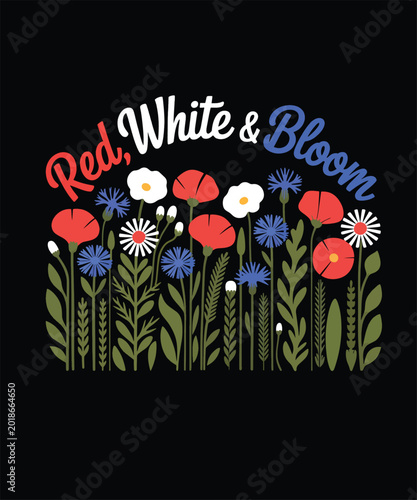A charming patriotic floral illustration featuring a vibrant array of red, white, and blue flowers with green leaves, celebrating with 