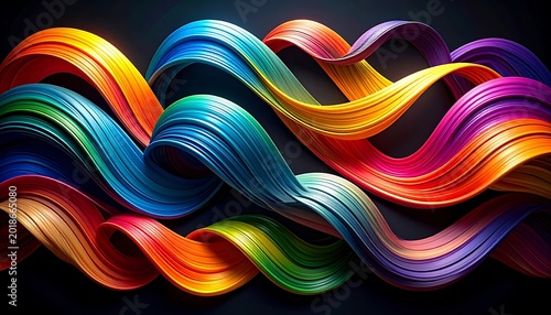 Abstract colorful flowing ribbons with metallic sheen creating a dynamic wave pattern, perfect for digital design backgrounds and vibrant textures