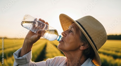 This photo captures an elderly female farmer drinking water from a plastic bottle on a sweltering summer day.