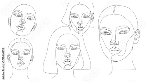 Foto 2D CAD designs of five diverse female faces in various 2D line art styles
