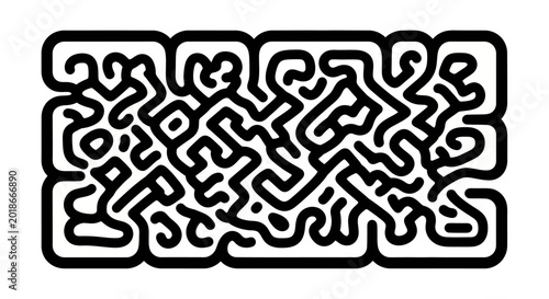 Abstract Intricate Black and White Maze Pattern, Minimalist Monoline Labyrinth Graphic Vector Art