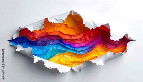 Abstract colorful torn paper revealing vibrant wavy layers of paint, creative design element, art texture background, imagination and discovery