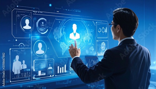 Visionary executive leveraging a sophisticated holographic interface for strategic human resources planning and global talent acquisition management