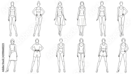 Various 2D CAD female figures in different poses and outfits are depicted