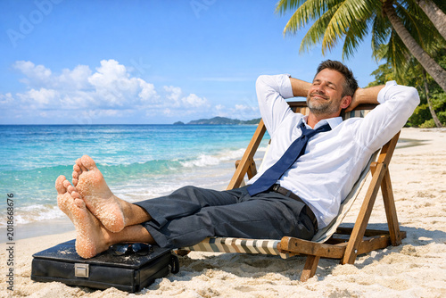 Man in business attire lies back on chair with legs crossed, feet propped up; briefcase nearby. Clear skies and calm seas, tropical setting with palm trees.
