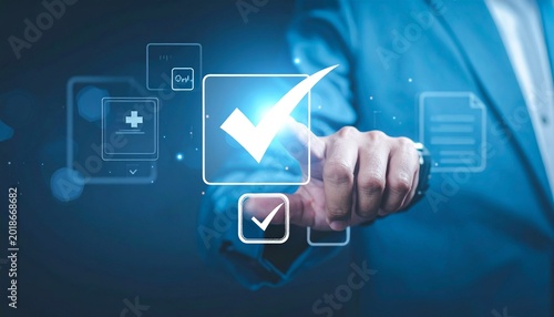 Professional hand touching a glowing digital checkmark, symbolizing successful completion, quality assurance, and efficient workflow validation