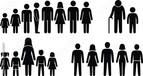Canvas Print Diverse set of human pictograms and family silhouettes representing different ag