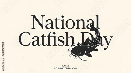 Minimalist National Catfish Day Typography Poster with Elegant Serif Text, Black Catfish Silhouette Weaving Through Letters on Cream Textured Paper in Luxury Editorial Design Style