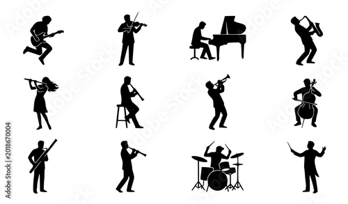 Canvas Print Jazz and classical music instrument players silhouette collection