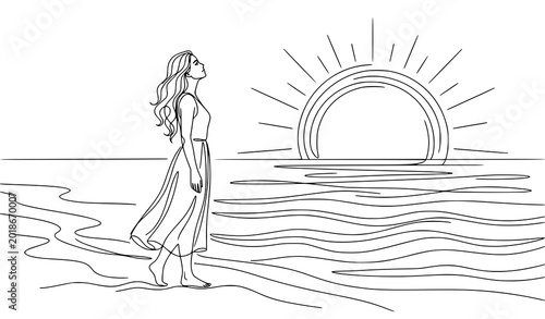 Fotografie Girl looking at the sea waves and rising sun illustration