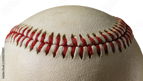 Fotografie Creamy textured baseball stitching detail with red thread