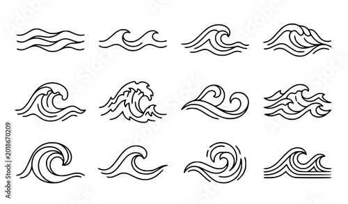 Fotografie Minimalist ocean wave icons set, sea water splashes, surf and tide line symbols