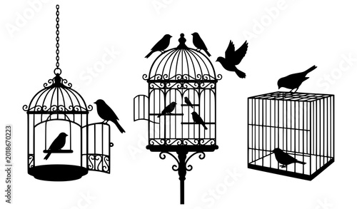 Fotografie Silhouette of birds on decorative cages, ornamental birdhouse icons, wildlife in captivity symbols