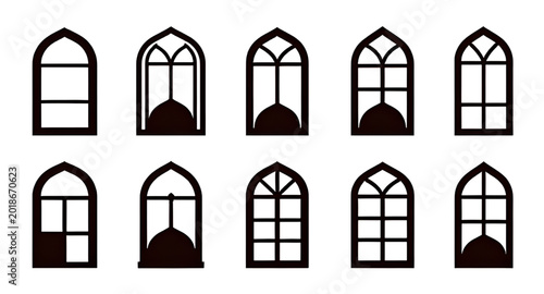 Obraz na plátne black white Islamic window silhouettes, arabic arch vector collection, mosque ar