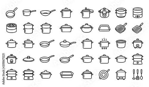 Fotografi Kitchen cookware and pot silhouettes, cooking utensils collection, household equipment icons