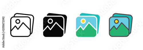 Bild auf Leinwand Multi Style Photo Gallery Icon Set with Mountain and Sun Vector