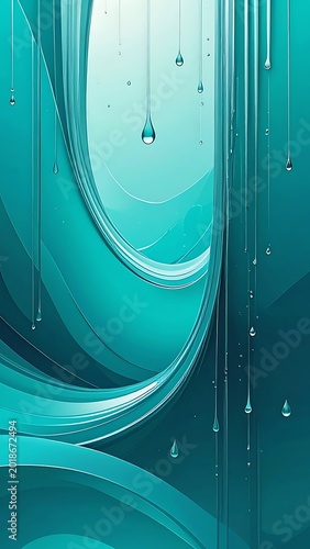Abstract flowing teal and white waves with falling droplets, digital liquid motion, clean fluid energy, futuristic design