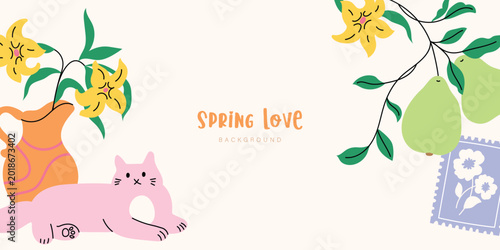 Hello Spring with flowers and green leaves. Season in love with flower blooming. Vector styling background.