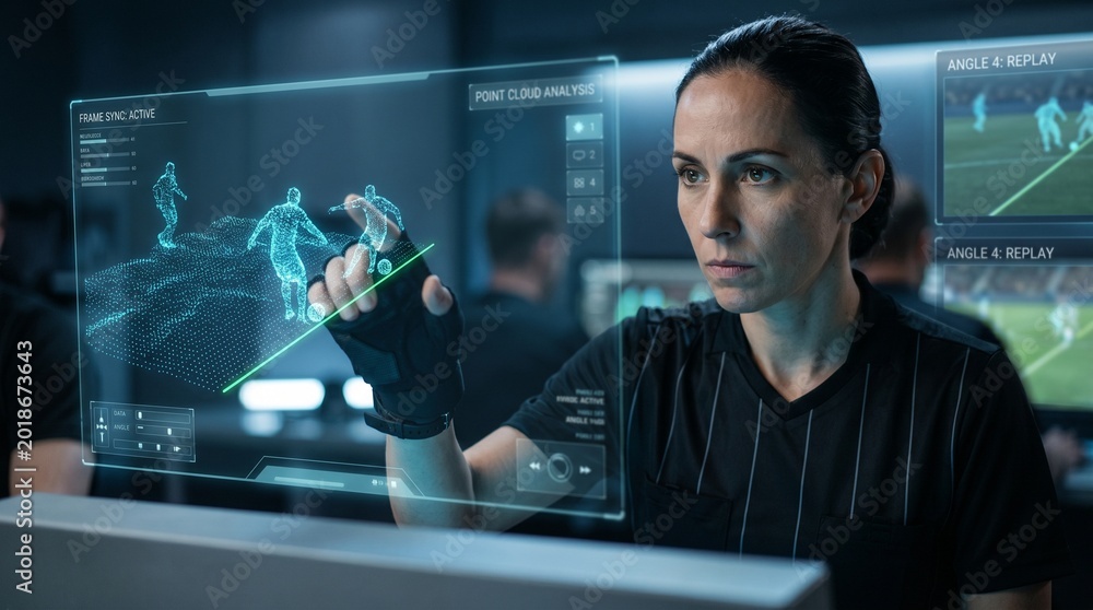 Fototapeta premium Futuristic Female VAR Referee Using Point Cloud Sports Analysis Interface