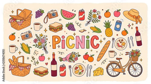 hand-drawn picnic and outdoor food themed vector illustration on a soft cream background