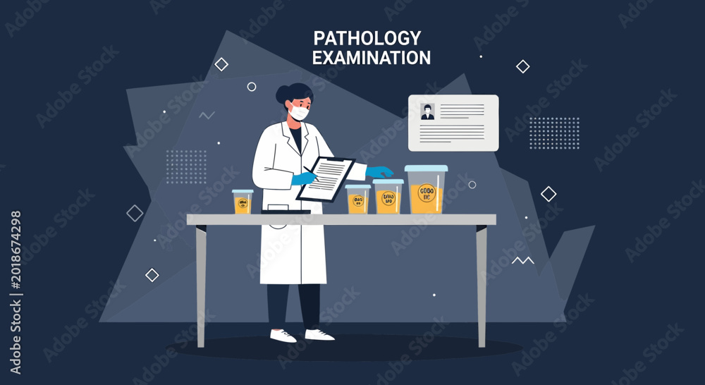 Naklejka premium Pathology Examination: Doctor Analyzing Medical Samples in Laboratory