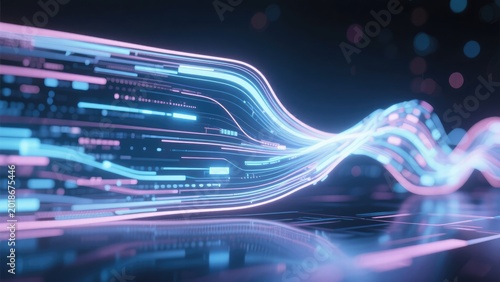 Abstract glowing digital wave technology background with futuristic data transmission and high speed network communication, idea for AI and cloud computing