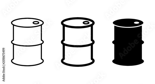Industrial Barrels Vector Icons, Oil Drum Set, Black and White Storage Containers