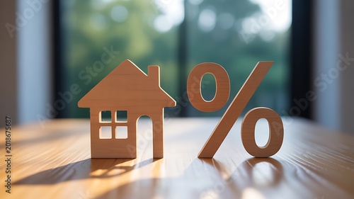 A close-up photograph of a wooden house and percentage sign on a table indoors.