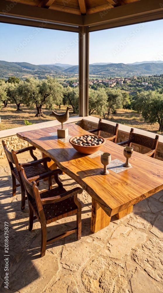 Fototapeta premium Outdoor dining table with Tuscan landscape view