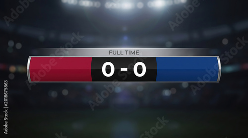 Football soccer photorealistic broadcast scoreboard graphic overlay full time score bar template dark stadium bokeh background sport match design