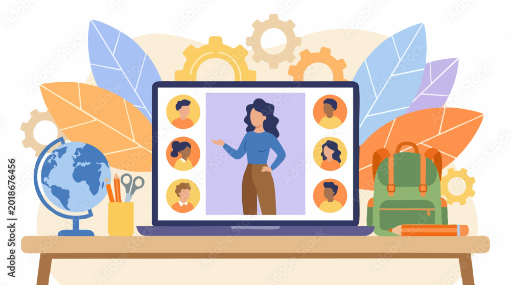Fototapeta premium Online education with virtual classroom and diverse students on laptop