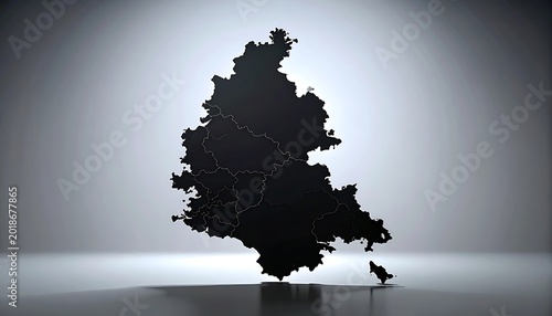 Abstract geometric shape resembling a map with glowing dots on a reflective surface, dramatic lighting