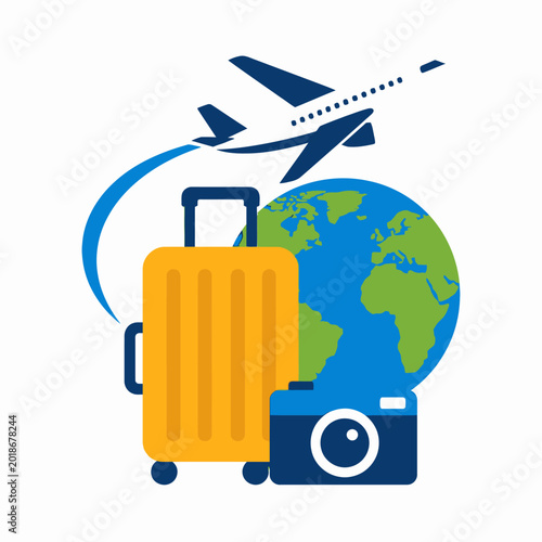 Travel and Tourism Concept Illustration with Airplane Luggage Globe and Camera.