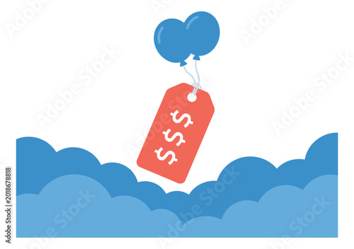 Flat illustration of balloons lifting a price tag depicting rising costs and inflation for business and finance design