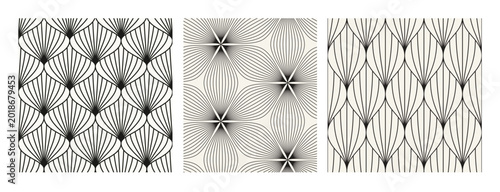 Vector seamless pattern set. Monochrome graphic surface design. Decorative geometric flowers. Regular floral backgrounds. Elegant linear petals. Contemporary stylish ornaments.