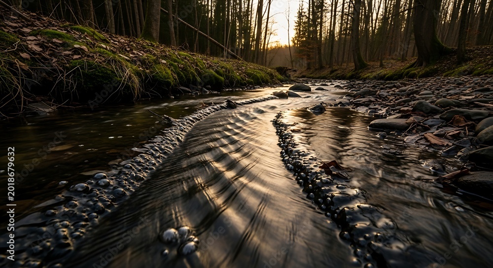 Naklejka premium Stream in forest at sunset with sunlight reflections