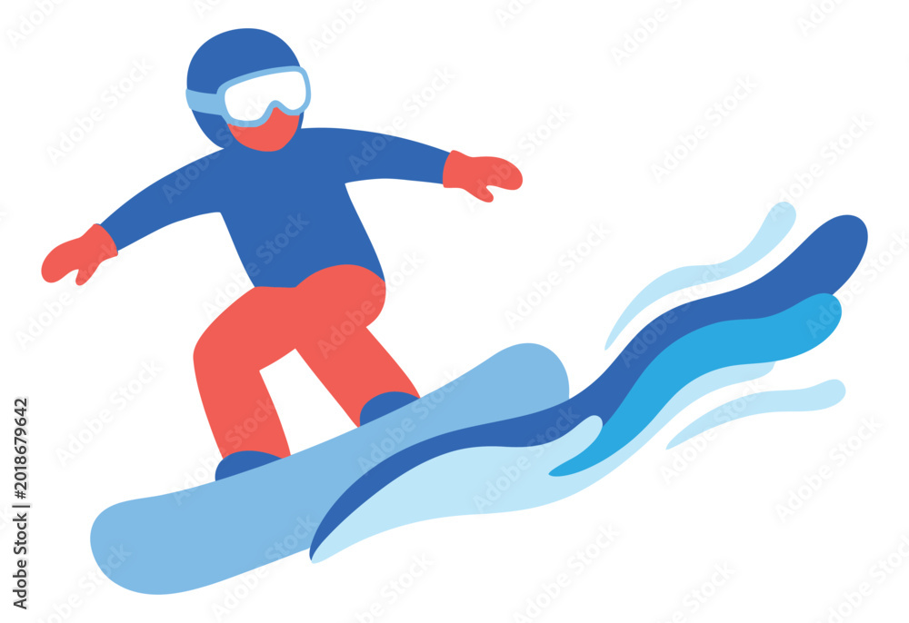 Fototapeta premium Flat illustration of a snowboarder depicting dynamic winter sports action for recreational and adventure design