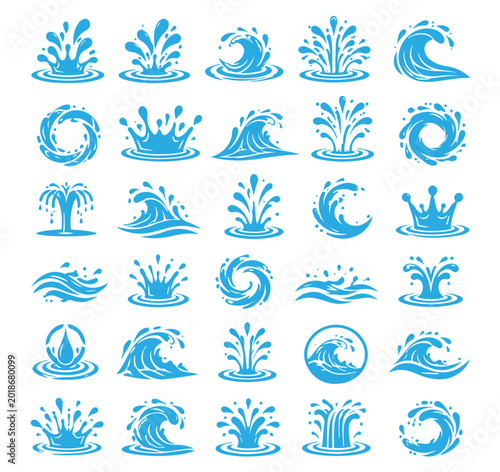 Blue water splash icons set, 30 liquid wave and droplet vector elements, ocean surf and fountain spray symbols for logo design and branding