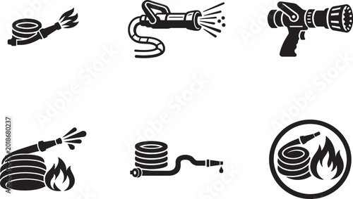 Bild auf Leinwand Firefighting hose icon set with fire safety, emergency protection and hazard symbols