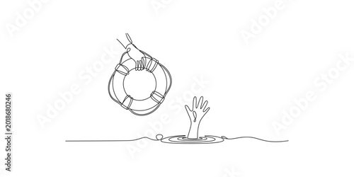 Foto A hand holding a life preserver ring reaching down to another hand in the water