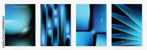 Futuristic dark blue abstract poster set vector. Cyber glow rounded geometric gradient templates for technology event, music cover, digital design and modern background.