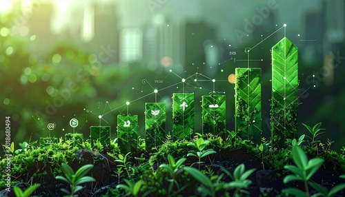 Green business growth chart with sustainability icons and eco-friendly digital technology interface