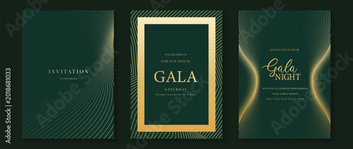 Luxury jade and emerald green gala invitation card set vector. Art deco gold geometric line templates for wedding, party, corporate event, VIP celebration and formal night design.