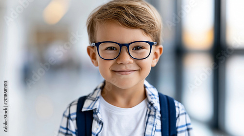 Portrait of a cute young boy wearing glasses and a backpack, smiling in a modern school hallway.