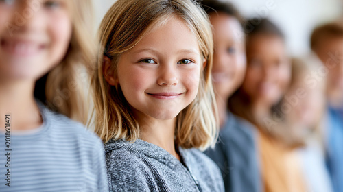Portrait of a smiling young blonde girl standing in a line with her classmates at school.