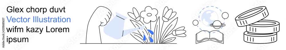 Fototapeta premium Nature care, learning, savings, innovation, sustainability, personal growth. Hand watering flowers, coins and book illustrated in outlined style. Nature care and savings