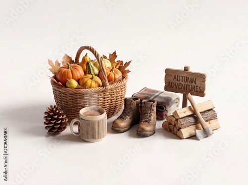 Autumn themed still life with pumpkins boots and hot chocolate