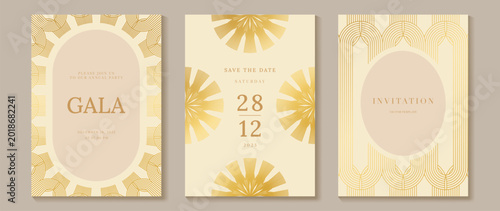 Luxury cream and gold art deco gala invitation card set vector. Geometric line border templates for wedding, save the date, VIP party, formal event and elegant stationery design.