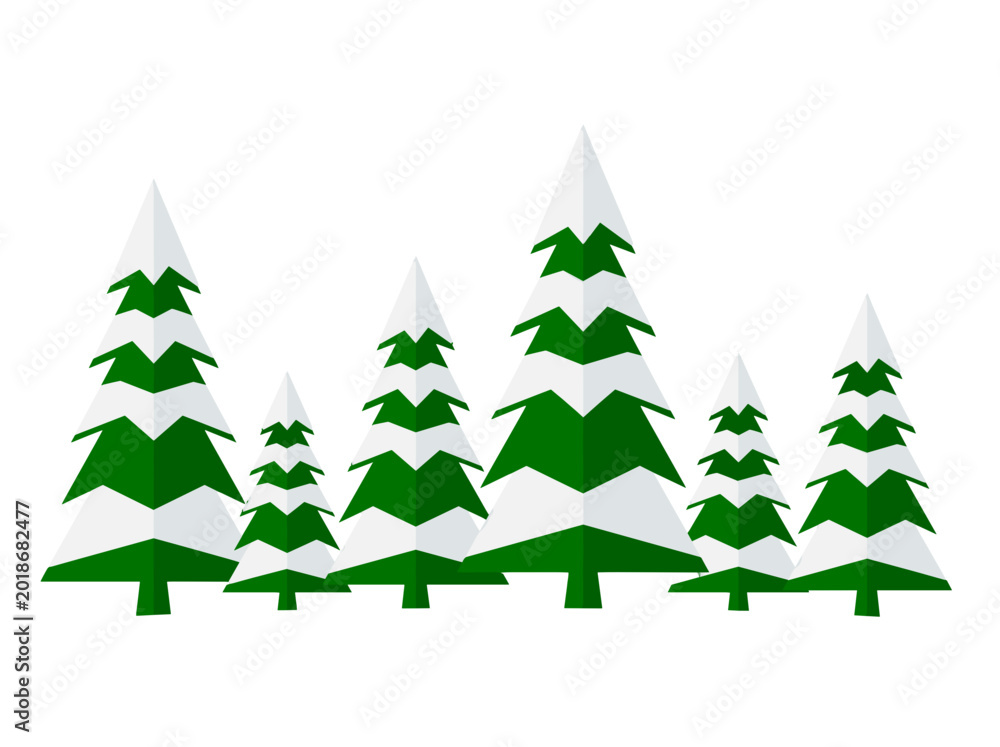 Obraz premium Group of stylized evergreen trees covered in snow on a white background